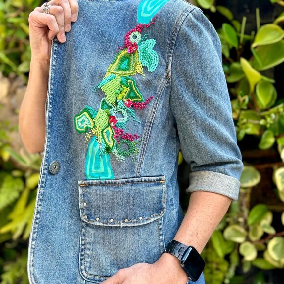 Denim Jacket with modern embrodery with beads. Unique, handmade. - Picture 2 of 6